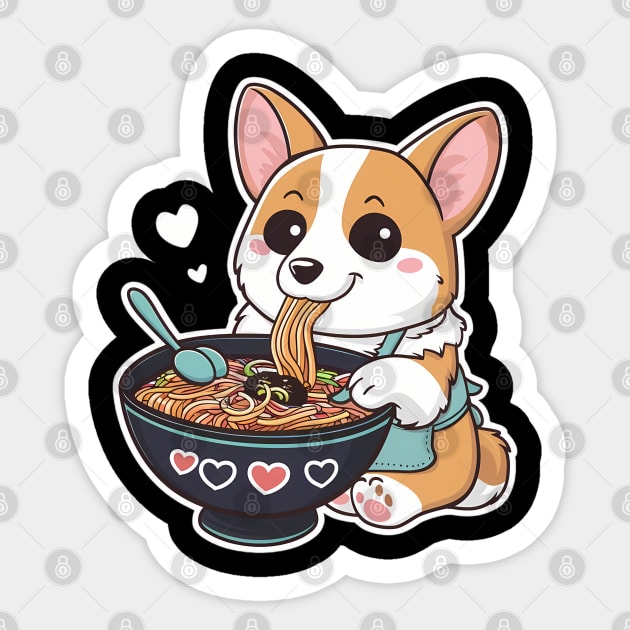 Cute Anime Corgi Dog Eating Ramen Noodles Sticker by Abdulkakl